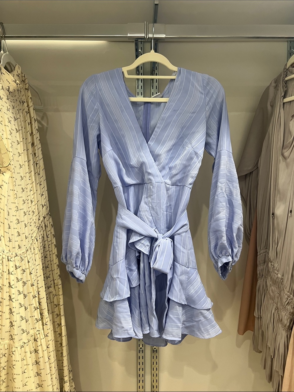 Selfie Leslie Light Blue Striped Wrap Mini Dress with Tie